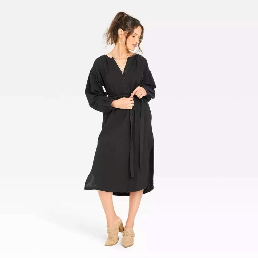 NWOT Universal Thread Women’s Gauze Balloon Long Sleeve Tie Front Shirtdress